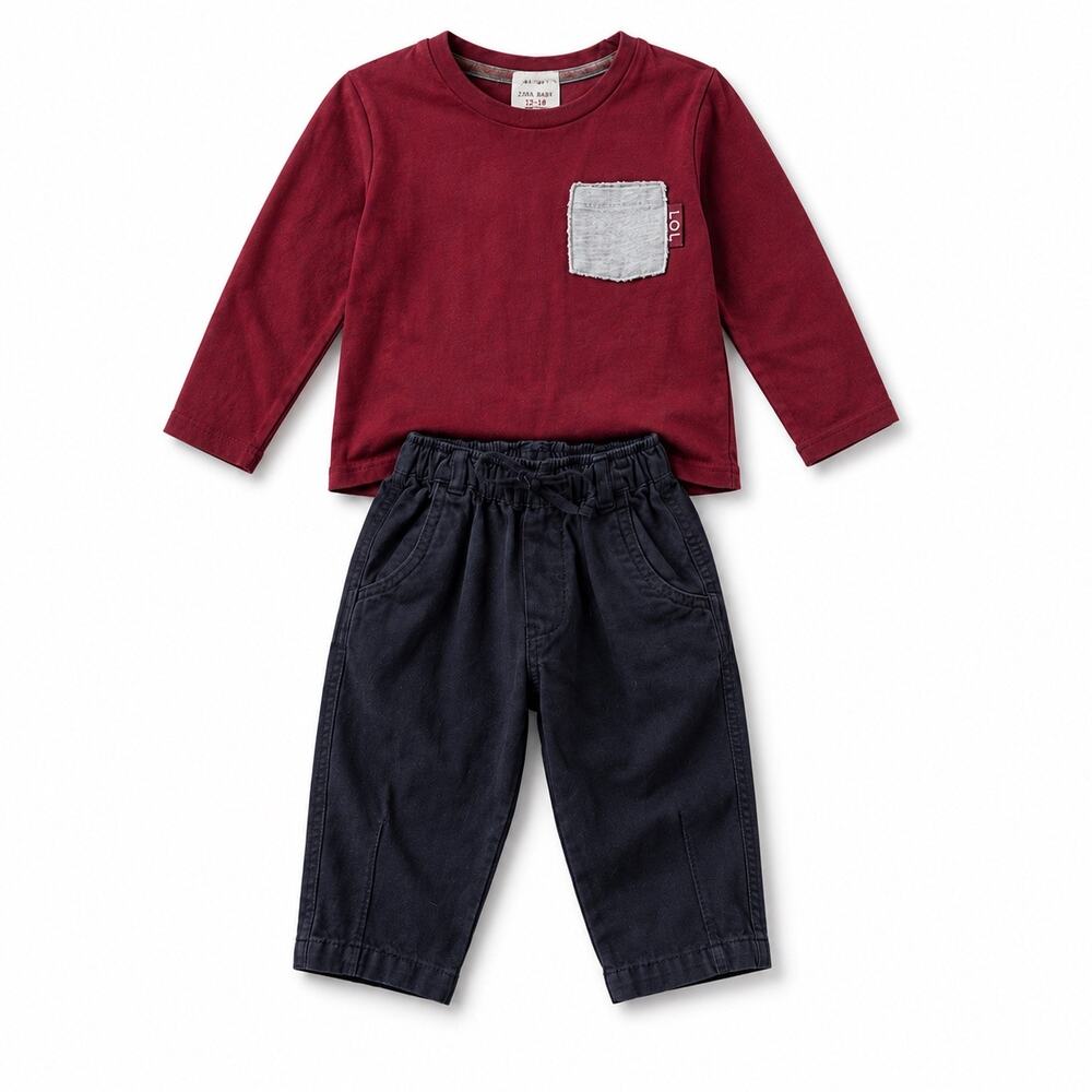 Zara Baby Burgundy & Navy Outfit Set - 12-18 Months